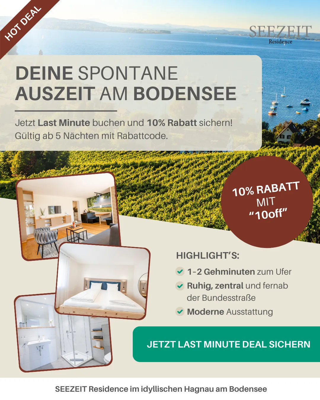Werbeanzeige "Spontane Auszeit am Bodensee" für Seezeit Residence Hagnau mit 10% Rabattcode und Bildern der Ferienwohnung. Gestaltet von Agentur Reuber.