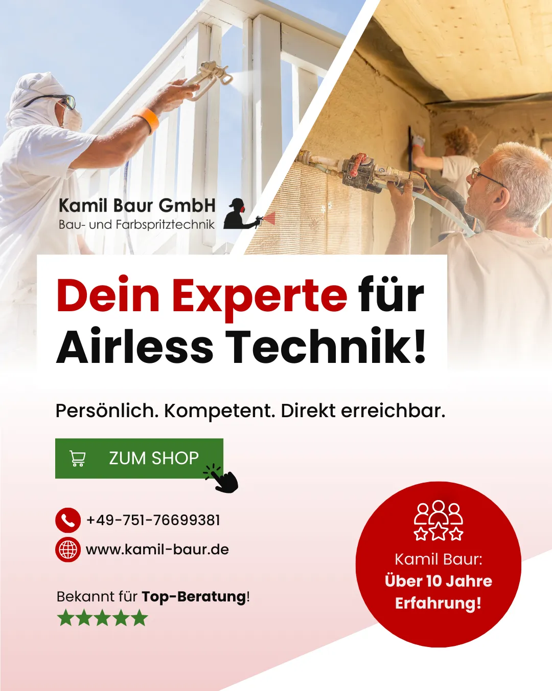 Werbeanzeige "Dein Experte für Airless Technik" für Kamil Baur GmbH, Maler bei der Arbeit mit Farbspritzgerät. E-Commerce Marketing von Agentur Reuber.