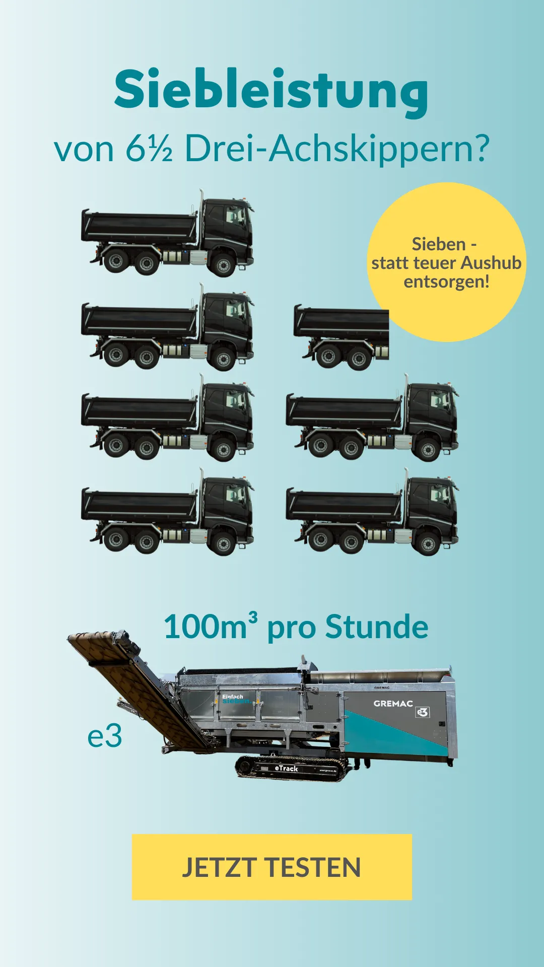 Infografik für Gremac Siebanlagen, Vergleich der Siebleistung von 100m³ pro Stunde mit 6,5 LKW-Ladungen. B2B Marketing Design von Agentur Reuber.