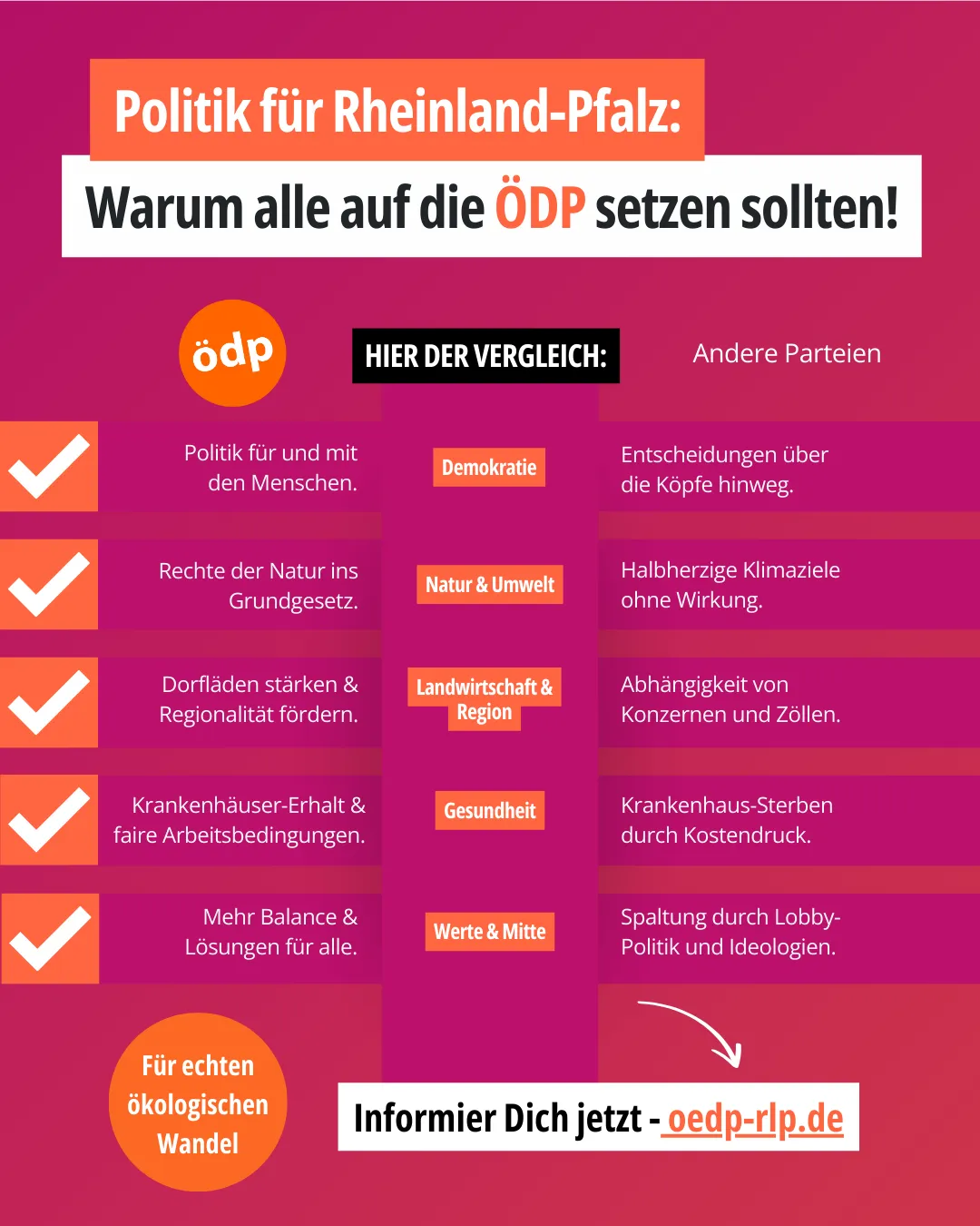 ÖDP RLP Wahlkampf Infografik vergleichende Übersicht zu anderen Parteien – Kampagnendesign Agentur Reuber