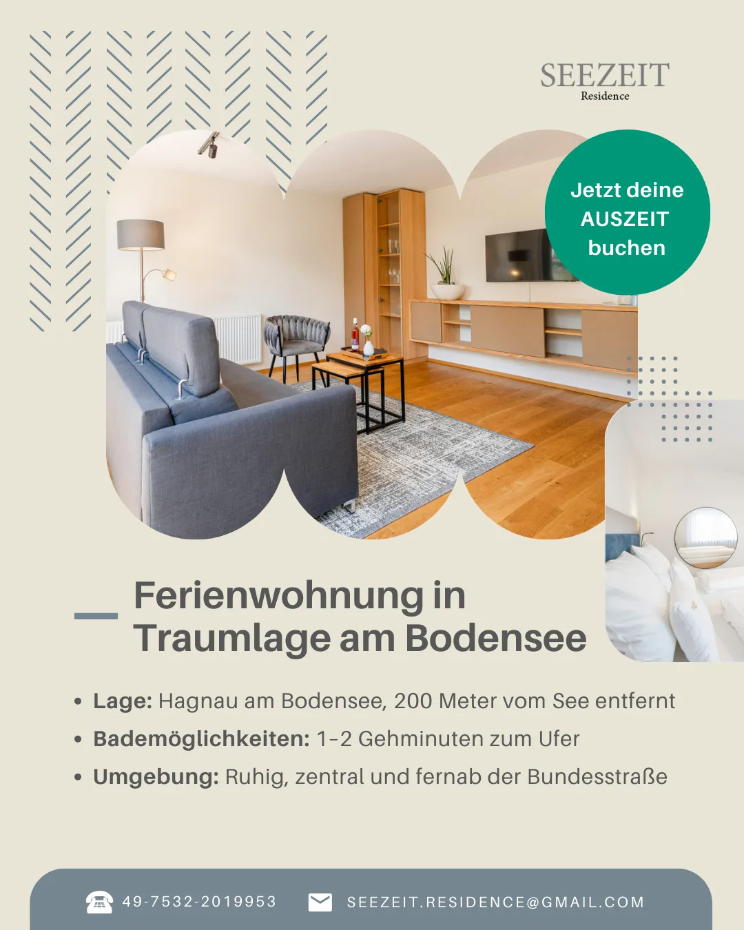 Social Media Creative "Traumlage am Bodensee" für Seezeit Residence Hagnau, zeigt modernes Wohnzimmer und Ufernähe. Design Agentur Reuber.
