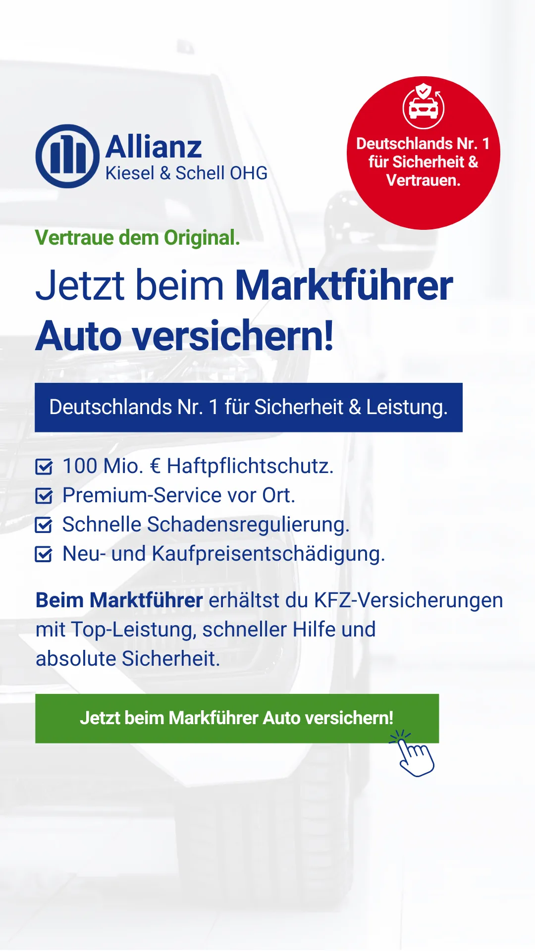 Werbebild "Beim Marktführer Auto versichern" mit Leistungsübersicht für Allianz Kiesel & Schell. Social Ads Design Agentur Reuber.