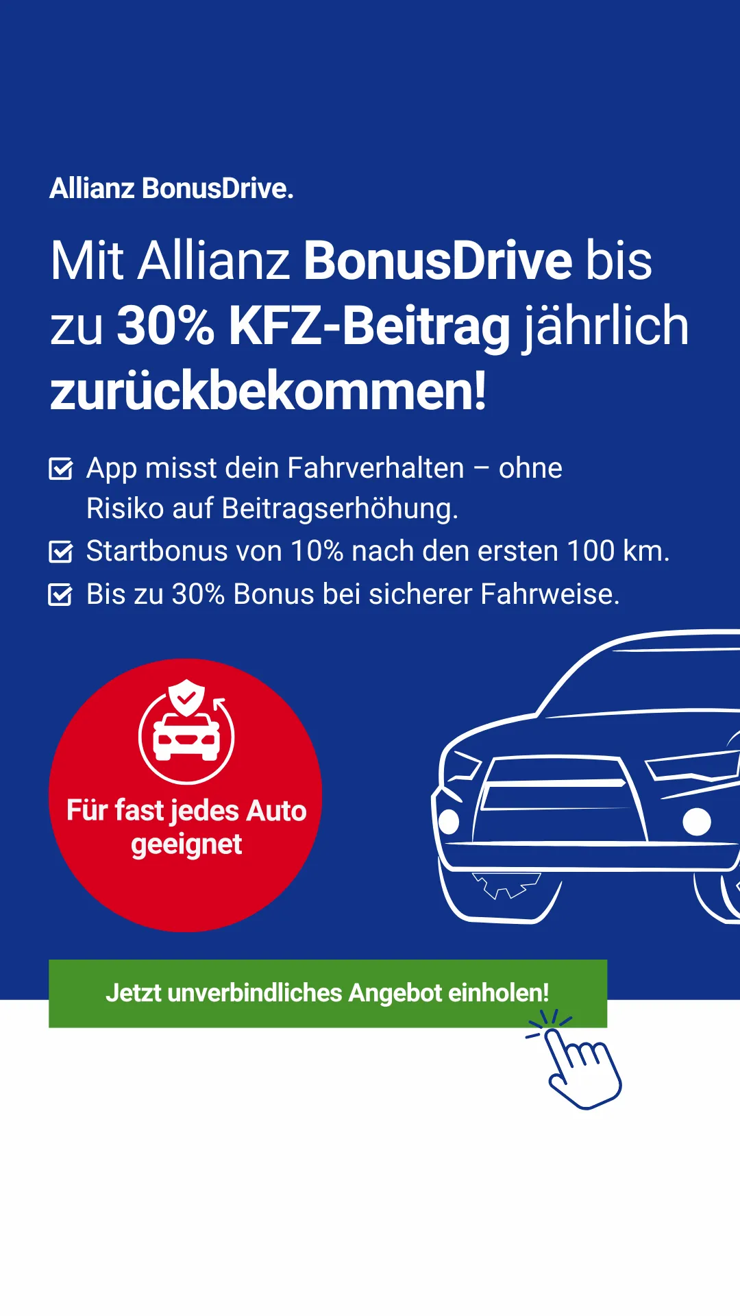 Werbemittel für Allianz BonusDrive "Bis zu 30% sparen" mit Auto-Grafik. Telematik-Marketing Design Agentur Reuber.