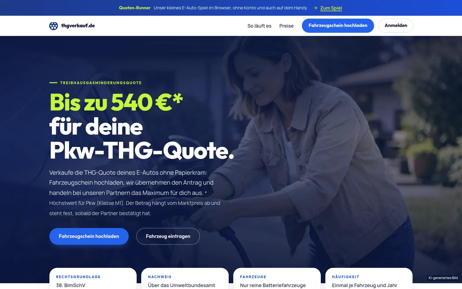 Startseite von thgverkauf.de — bis zu 540 € für die Pkw-THG-Quote