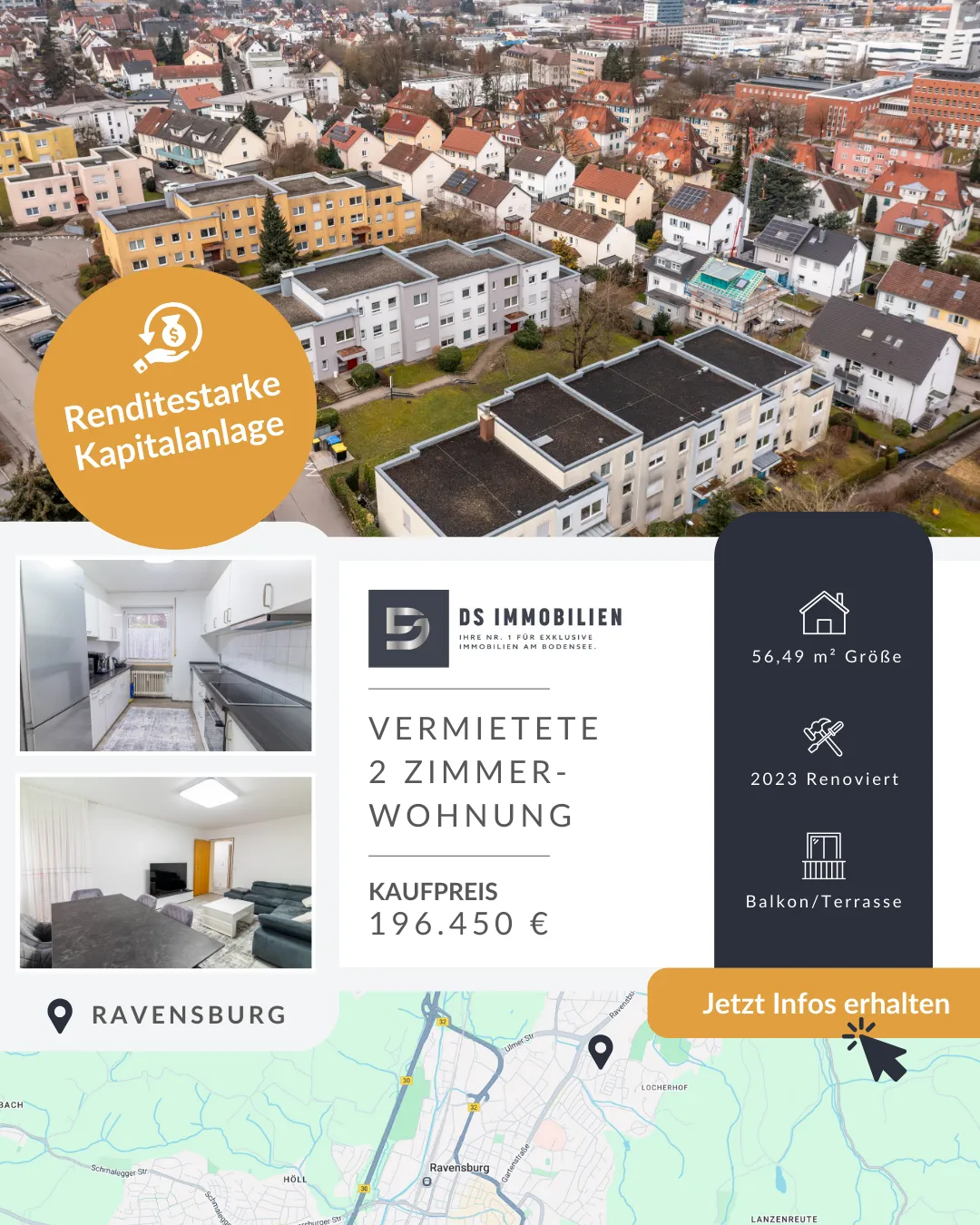DS Immobilien Social Ad — Renditestarke Kapitalanlage mit Drohnen-Hero und Objektdaten
