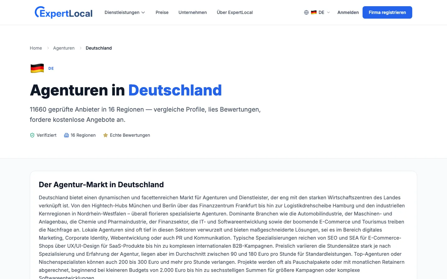 ExpertLocal Agentur-Profilseite — Verifizierung, Bewertungen, Kontakt