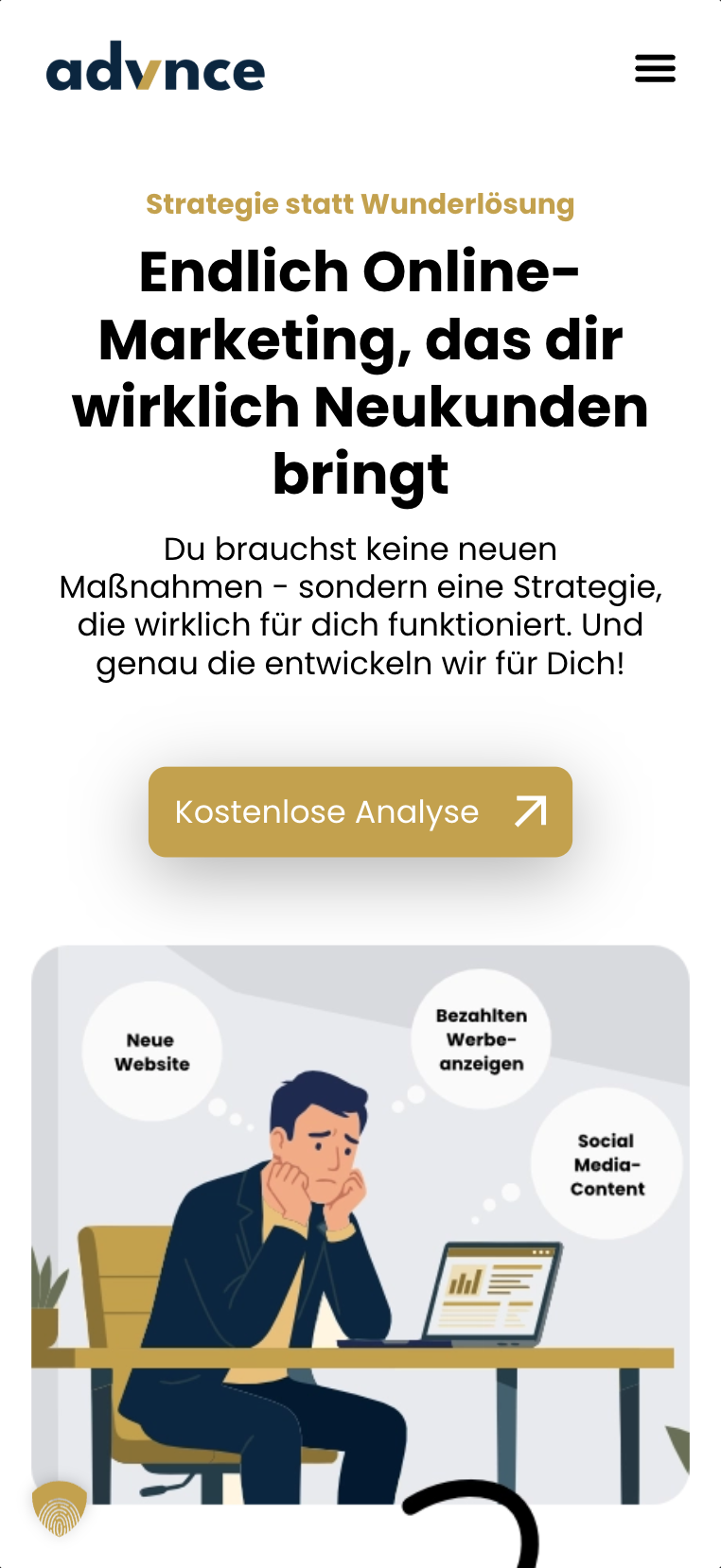 Mobiler Hero-Screenshot der Website von advnce
