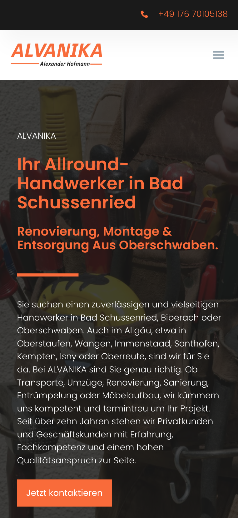 Mobiler Hero-Screenshot der Website von Alvanika Handwerks-Dienstleistungen