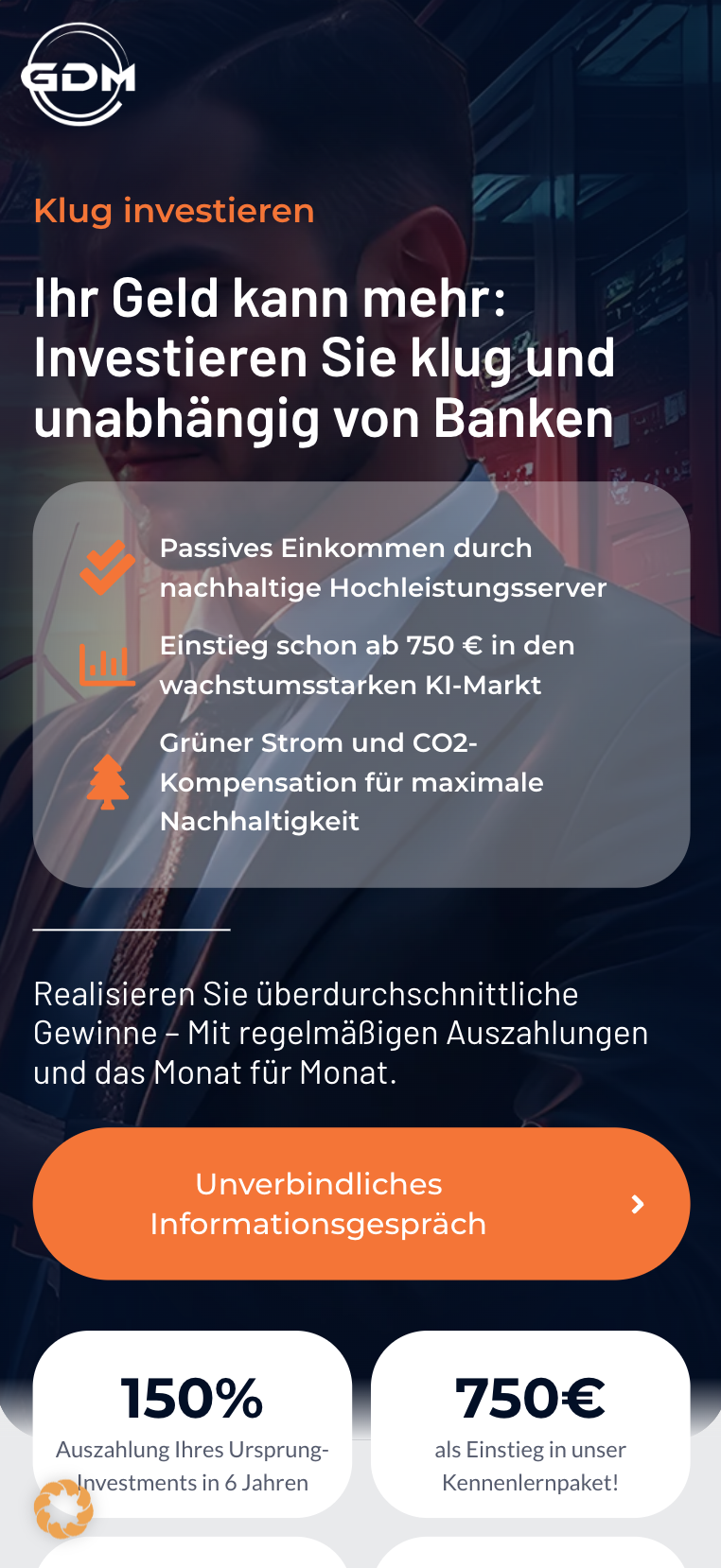 Mobiler Hero-Screenshot der Website von GDM World AG