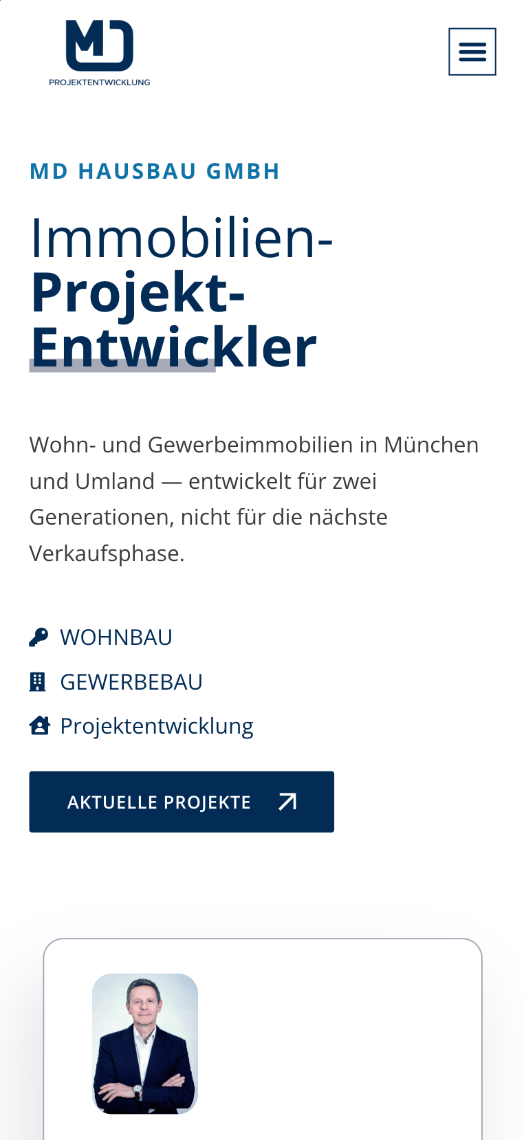 Mobiler Hero-Screenshot der Website von MD Hausbau
