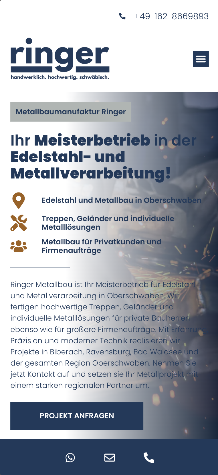 Mobiler Hero-Screenshot der Website von Metallbau Ringer