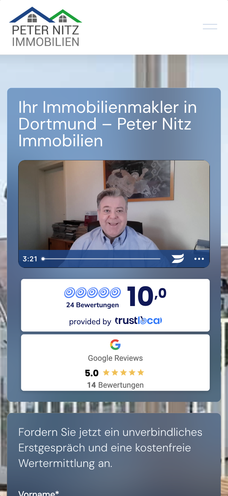 Mobiler Hero-Screenshot der Website von Peter Nitz Immobilien