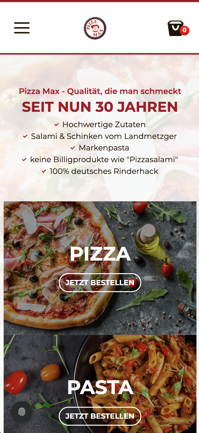 Mobiler Hero-Screenshot der Website von Pizza Max Weingarten