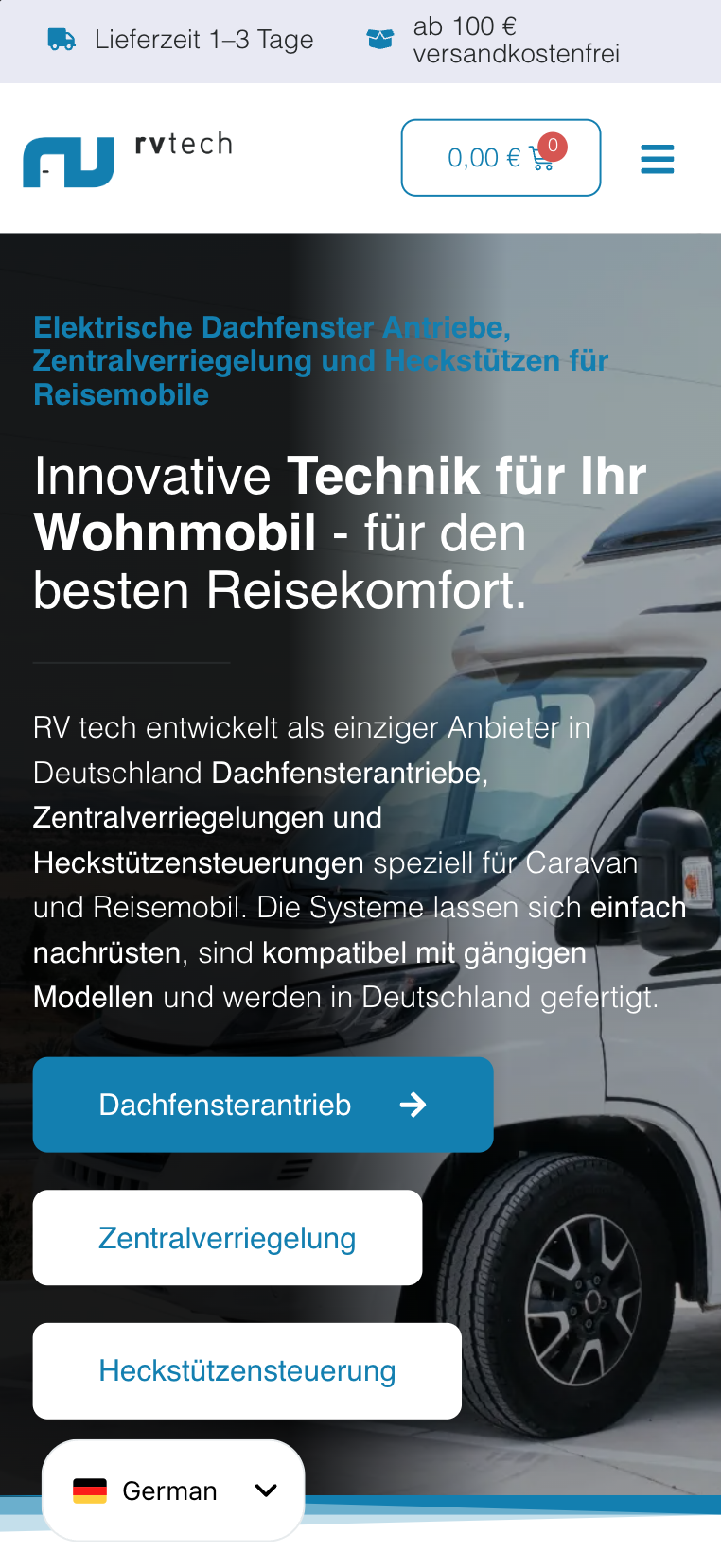 Mobiler Hero-Screenshot der Website von RV Tech